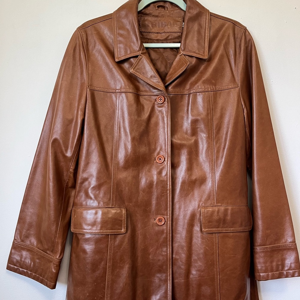 Vintage Tribal Women's Tan Leather Button-Front Jacket With Belt